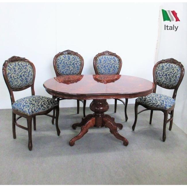 イタリア製 象嵌入り ダイニングセット 5点 135cm 楕円型 ボタニカル柄チェア オーバル 一本脚 クラシック家具 送料無料 開梱設置付き | 