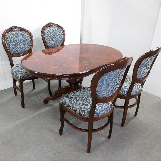 イタリア製 象嵌入り ダイニングセット 5点 135cm 楕円型 ボタニカル柄チェア オーバル 一本脚 クラシック家具 送料無料 開梱設置付き |  | 01