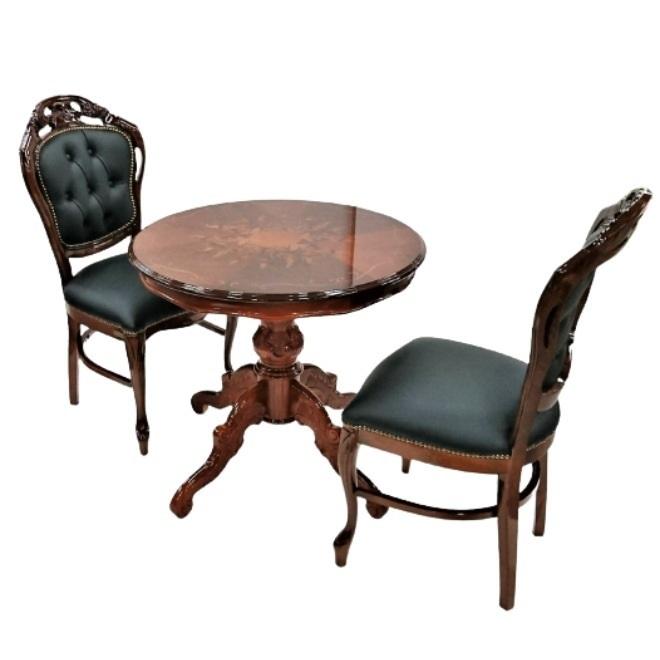 イタリア製 象嵌入り ダイニングセット 3点 80cm 円型 オーバル 一本脚 クラシック家具 送料無料 開梱設置付き |  | 02