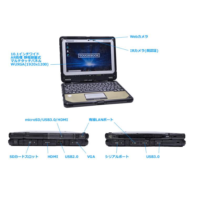 訳あり タッチパネル 10.1型 WUXGA Panasonic TOUGHBOOK CF-20 Core i5 7Y57 SSD128G メモリ4G Wi-Fi Webカメラ 顔認証 Windows10 | タフブック | 11