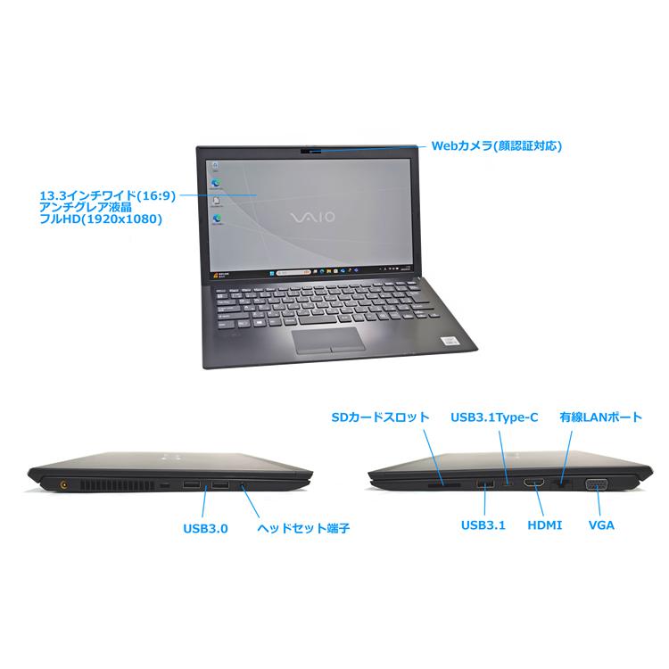 Wi-Fi6 顔認証 フルHD VAIO Pro PG VJPG13C11N 第10世代 Core i5 1035G1 M.2SSD256G メモリ8G Webカメラ USBType-C Windows11 |  | 05