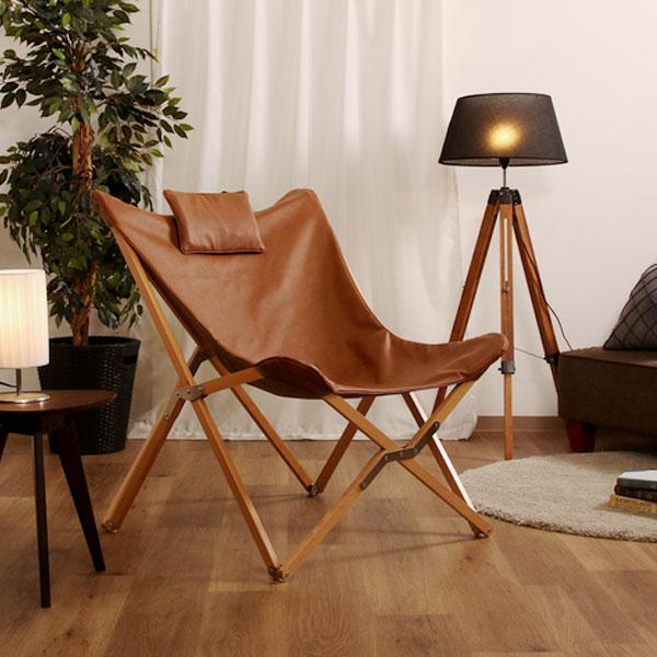 ラウンジチェア バタフライチェア ブラウン 折りたたみ まくら付き 天然木 おしゃれ ダイニングチェア 北欧 リビングチェア ヴィンテージ | 
