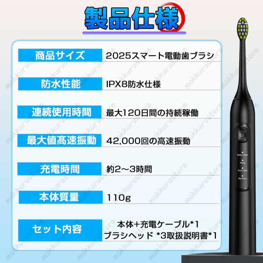 高性能】電動歯ブラシ 音波歯ブラシ 高速振動 42,000回/分 USB 充電式
