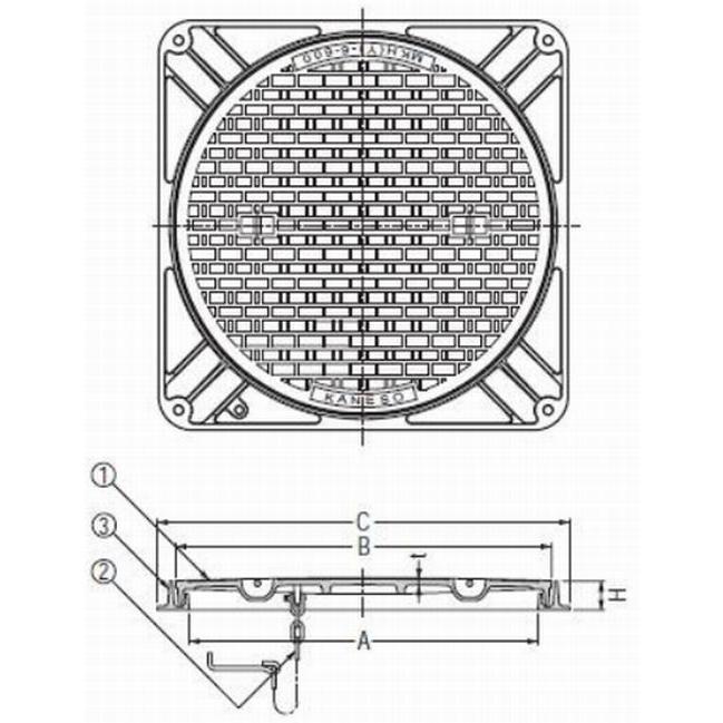 カネソウ　マンホール鉄蓋　鎖付き　MKH-2-500　T-2　(角)　1セット　(防臭形)　水封形