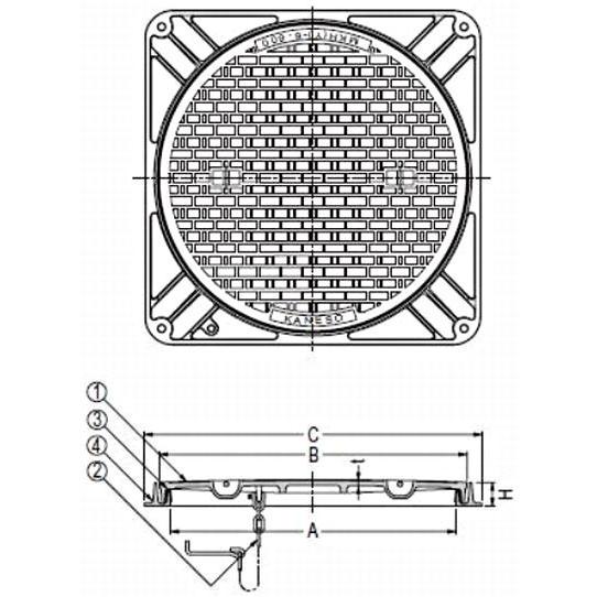 カネソウ　マンホール鉄蓋　鎖付き　MKHY-25-350　T-25　(角)　1セット　(簡易防水・防臭形)　簡易密閉形