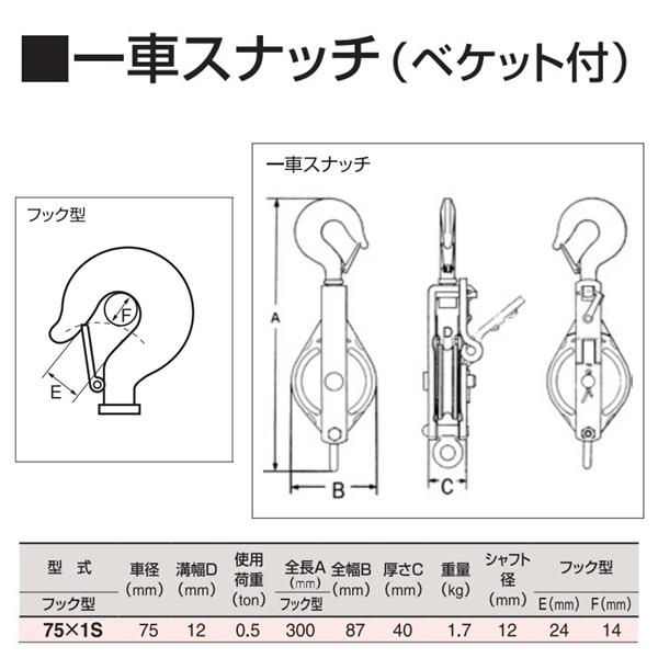 スリーエッチ 一車スナッチ フック型 75×1S 車径75mm 使用荷重0.5t 強力型滑車 HHH