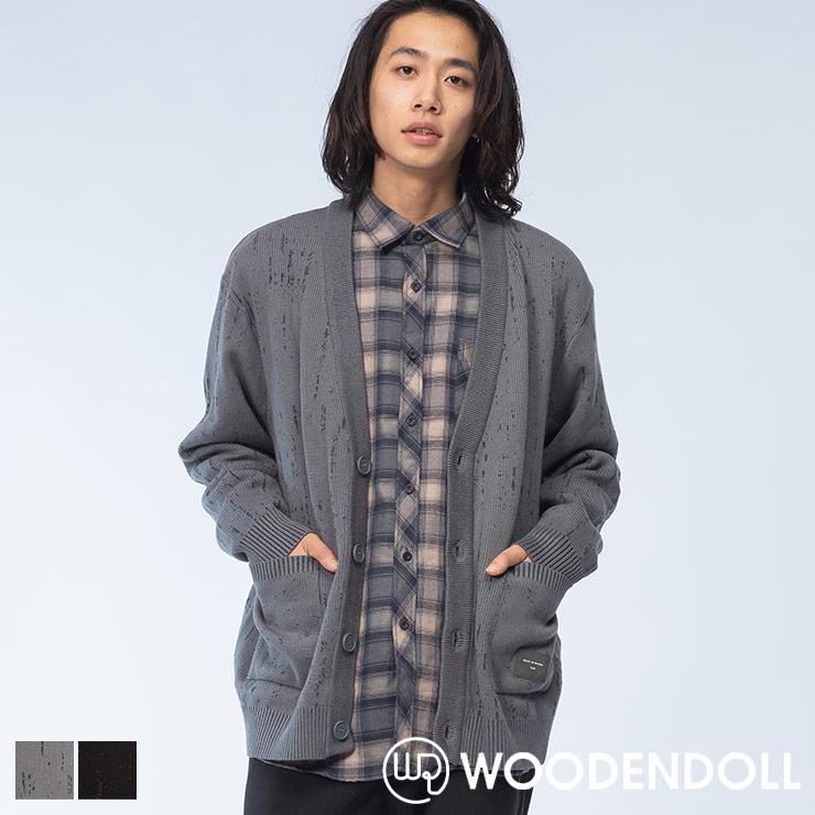 韓国ファッション メンズ カーディガン WOODENDOLL ニットカーディガン 総柄 ポケット付き メンズ 韓国