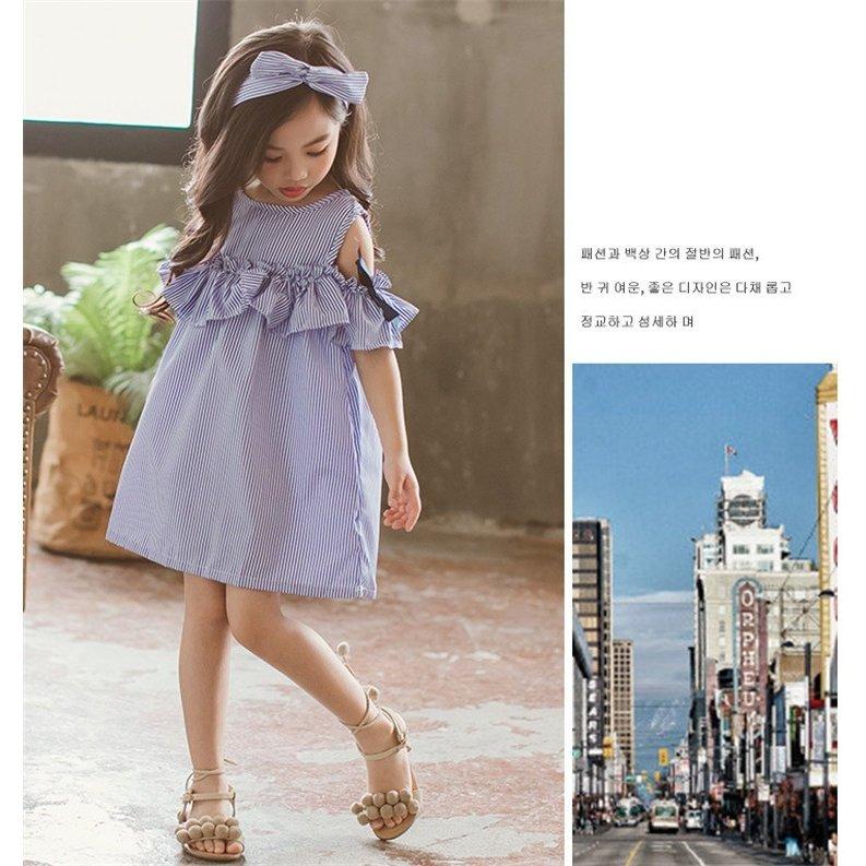 子供服 ワンピース キッズ 韓国子供服 女の子 ジュニア 夏 膝丈 肩出し ベビーワンピース ストライプ 子供ドレス Dress おしゃれ 可愛い 正規激安