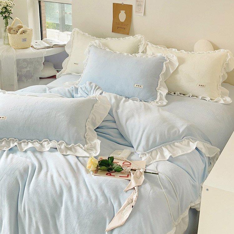全4色 韓国風 布団カバーセット フリル 可愛い 寝具 ブルー 水色 無地