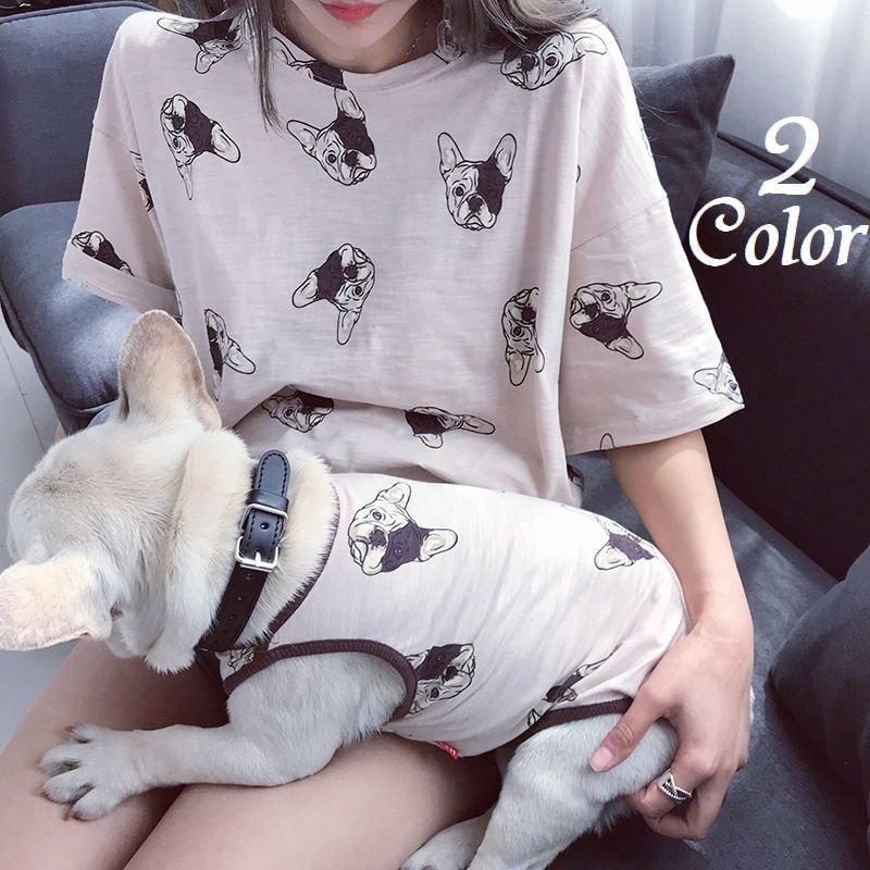 ペット用 犬猫兼用 洋服 タンクトップ ノースリーブ カットソー 袖なし ブルドック柄 犬柄 リブ加工 飼い主とお揃いファッション可能 ペアルック ペ お金を節約