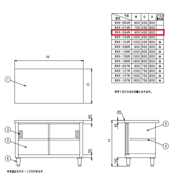 BHX-094N　SUS304　マルゼン　調理台引戸付　バックガードなし