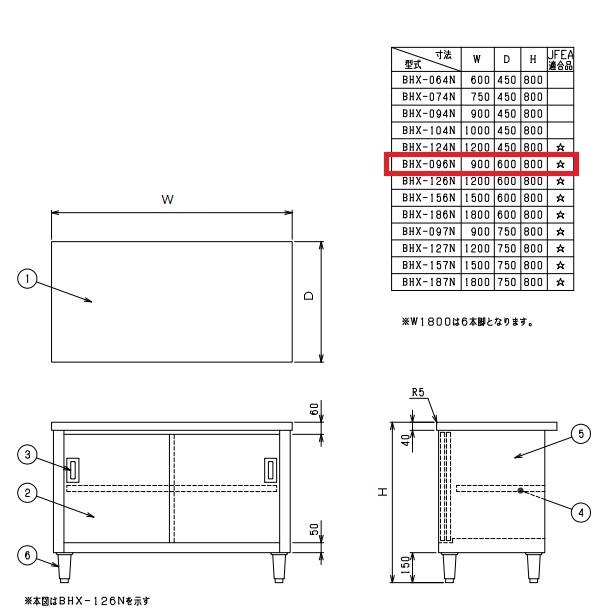 BHX-096N　SUS304　マルゼン　調理台引戸付　バックガードなし