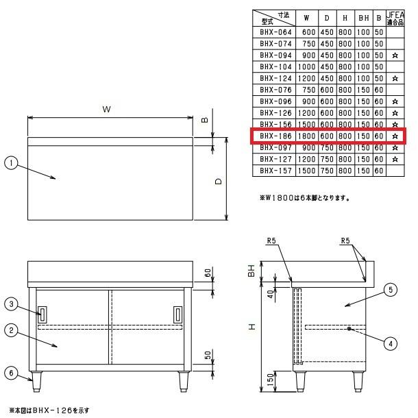 BHX-186　SUS304　マルゼン　調理台引戸付　バックガードあり