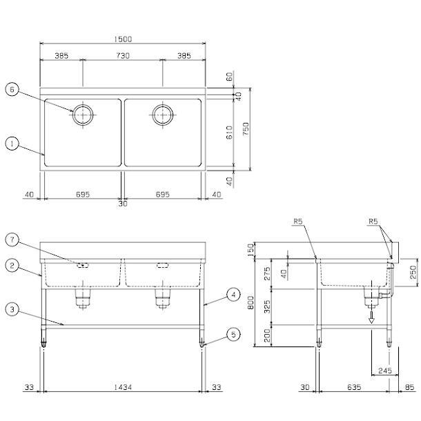 マルゼン左ソルイド2槽シンクゴミ籠付 1250x650x800(+120) BSG2-156R、BSG2-156L 二槽ゴミ入付シンク マルゼン｜テンポスドット