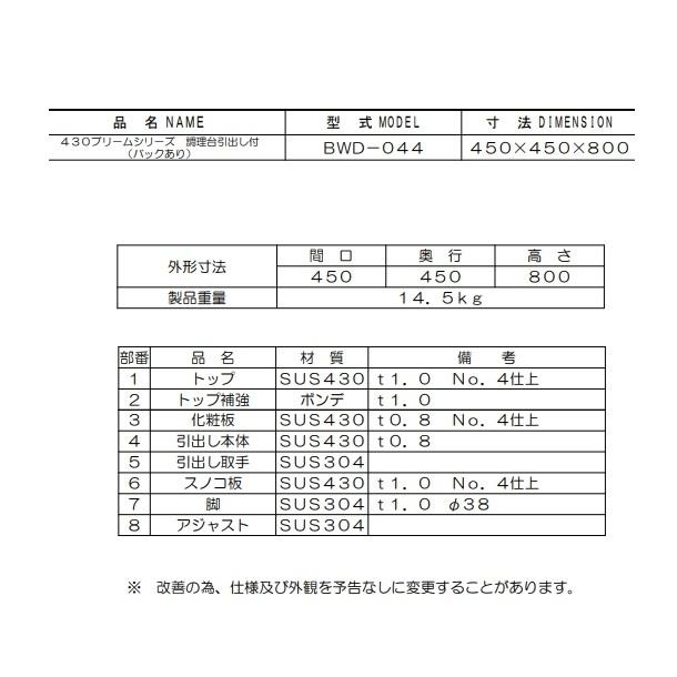 BWD-044　マルゼン　調理台引出付　バックガードあり