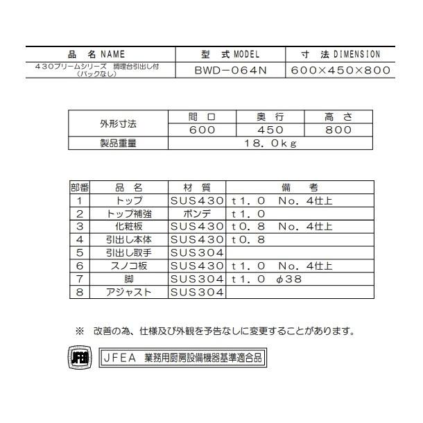 BWD-064N　マルゼン　調理台引出付　バックガードなし