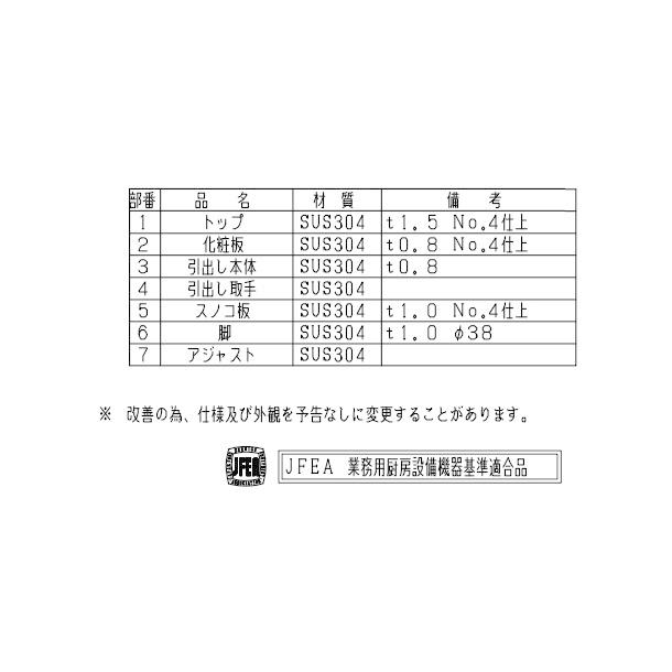 BWDX-074N　SUS304　マルゼン　調理台引出付　バックガードなし