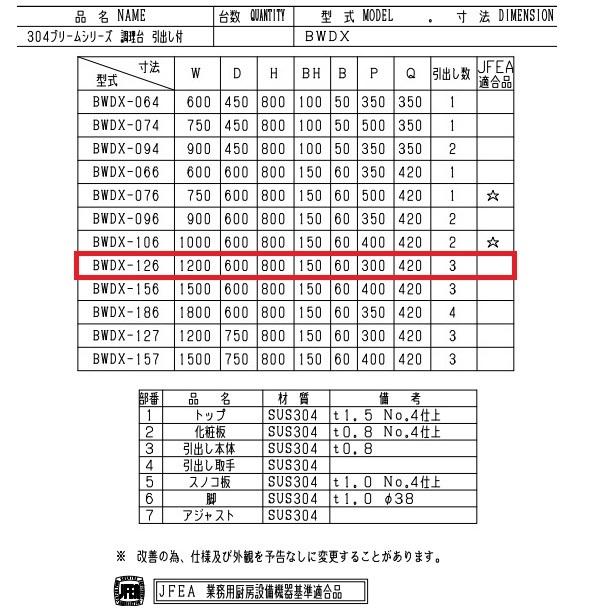 BWDX-126　SUS304　マルゼン　調理台引出付　バックガードあり