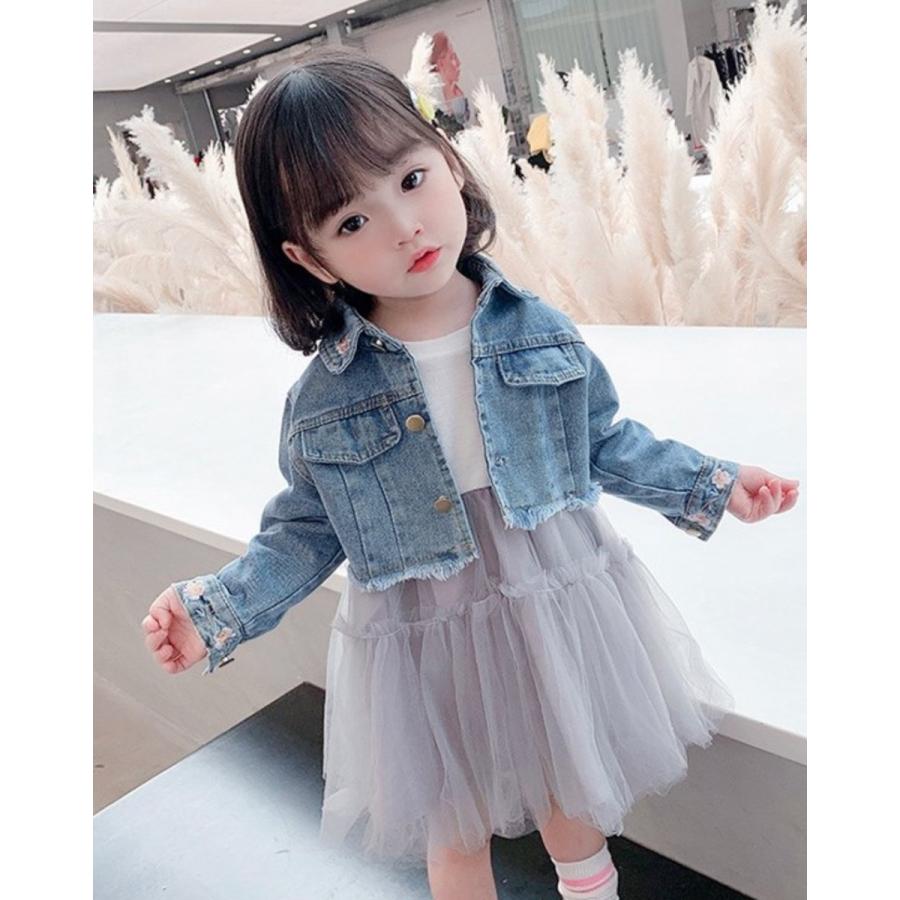 子供服 キッズ ワンピース 刺繍デニムジャケット と シフォンスカートワンピースツーピースセット 女の子 ｇジャン