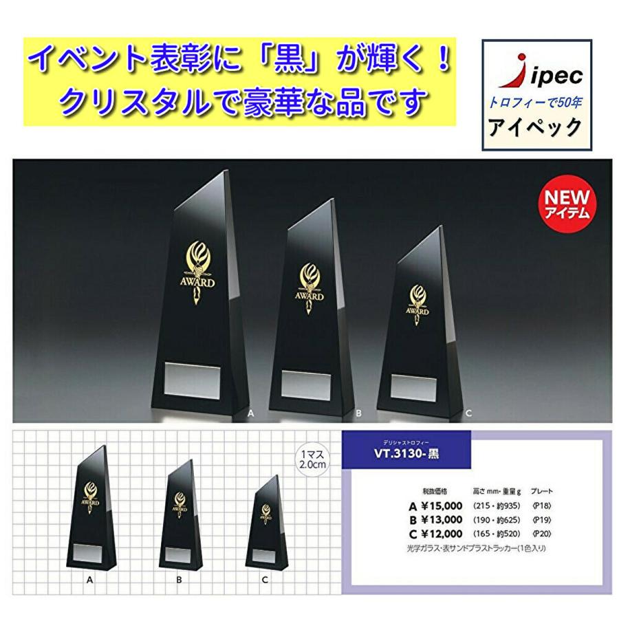クリスタル ガラス トロフィ- 高さ22ｃｍ Aサイズ VT-3130-黒ーA 文字代無料