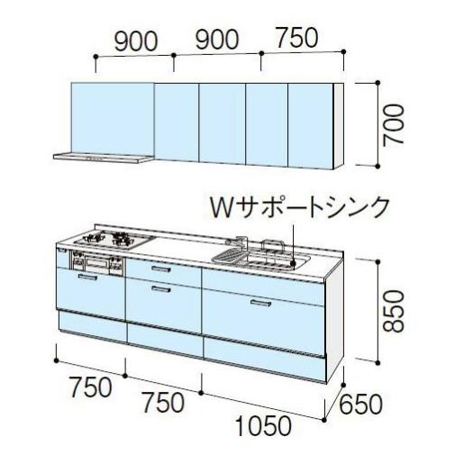 LIXIL　リシェルSI　壁付　型　I　グループ1　間口255cm　らくパッとプラン　奥行65cm　システムキッチン