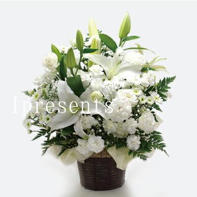お彼岸 お供え 生花 ギフト 白 L アレンジメント カゴ付き 10000円