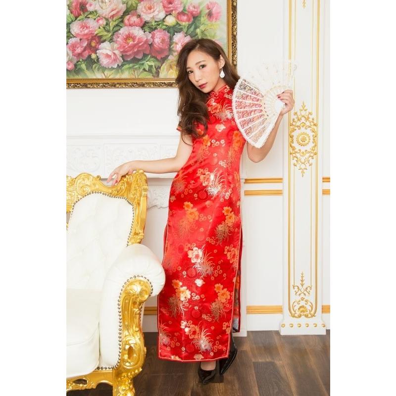 ロングチャイナ 花 / 赤 (Lサイズ) /チャイナ服 ロング コスプレ