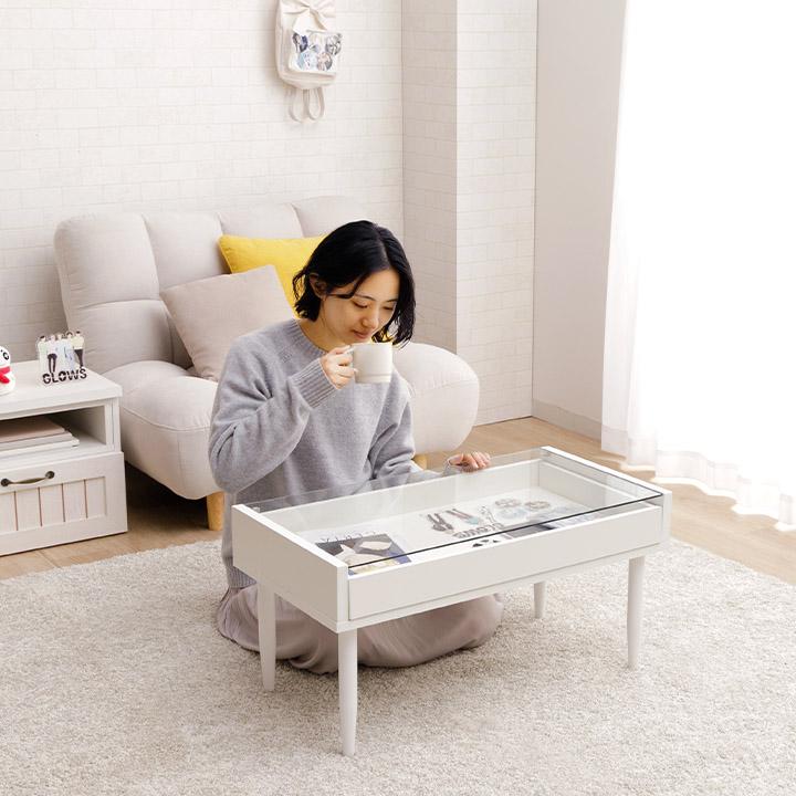 ローテーブル ガラステーブル 白 コンパクト センターテーブル