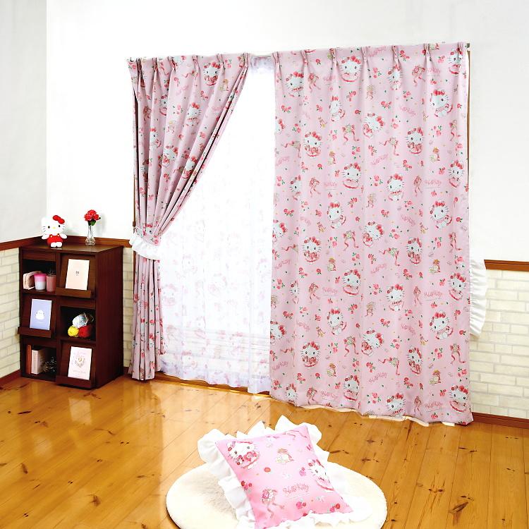ハローキティ 100×110cm 4枚組 フラワーティータイム 3級 遮光カーテン