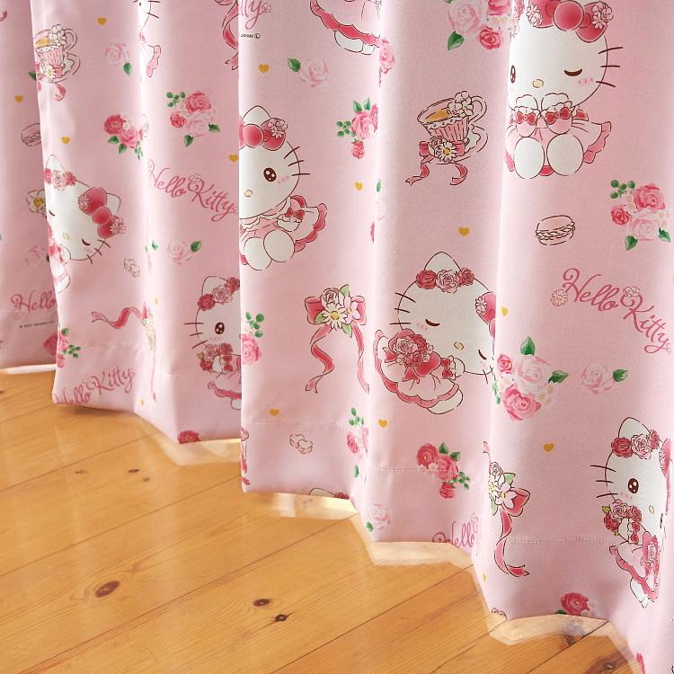 ハローキティ 100×110cm 4枚組 フラワーティータイム 3級 遮光カーテン