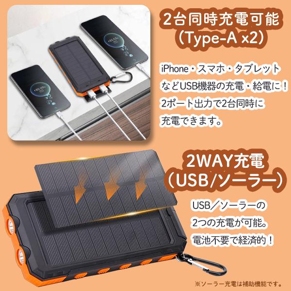 ソーラー モバイルバッテリー 大容量 12000mAh カラビナ付 ソーラーチャージャー タフ 充電器 2USBポート LEDライト iPhone Android N◇ バッテリーOUTDOOR｜i-shop777｜04