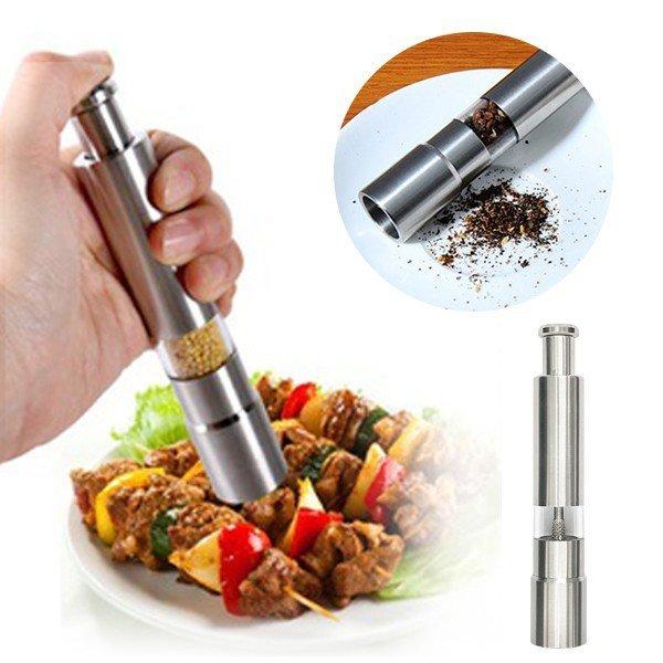 送料無料 ペッパーミル 片手でワンプッシュ ステンレス製 ソルトミル