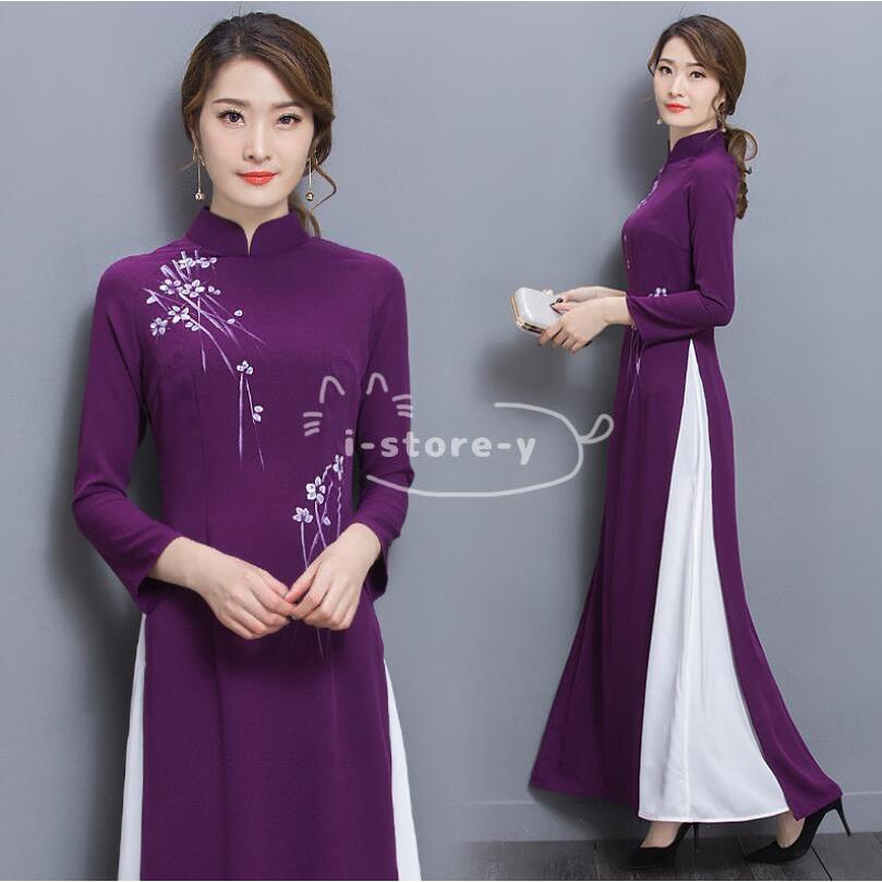 チャイナドレス ロング丈 チャイナ風ワンピース コスプレ衣装 チャイナドレス ワンピース チャイナ服 アオザイ ドレスワンピース 花柄 7分袖 2枚重ね ハロウィン チャイナドレス サイズ L Ilgaimportadora Com