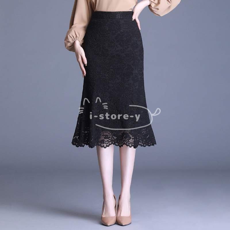 最高の品質 ブラック スカート レーススカート フリルスカート フレアスカート マーメイドスカート サマースカート 通勤 エレガント 春夏 体型カバー 膝丈 代30代40代50代