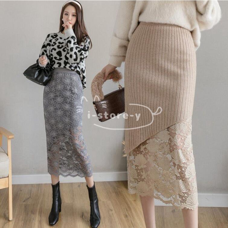 ニットスカート ロング 秋冬 タイトスカートプリーツスカート 両面着れる レース切り替え 黒 スカート コーデ 40代 30代 ニットスカート大人 オシャレ Ls Qz あいストアヤフーショッピング店 通販 Yahoo ショッピング