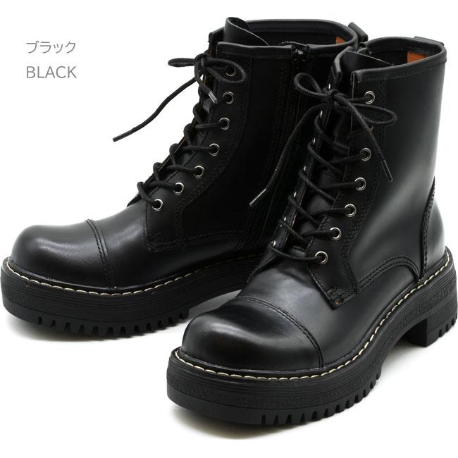 ブラックレザー厚底ブーツ あしながおじさん レースアップブーツ 本革 レザー 厚底ブーツ