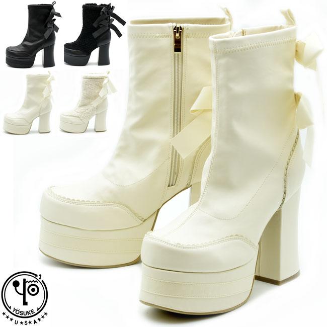 YOSUKE（ヨースケ） ブーツ レディース 黒 白 厚底ブーツ ブーティー