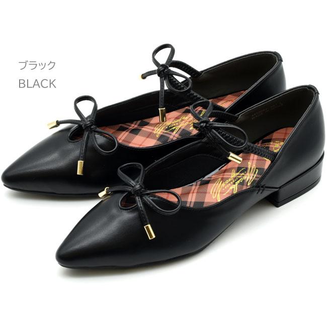 ブラックポインテッドトゥフラットシューズ YOSUKE（ヨースケ） ポインテッドトゥダブルリボンフラットシューズ