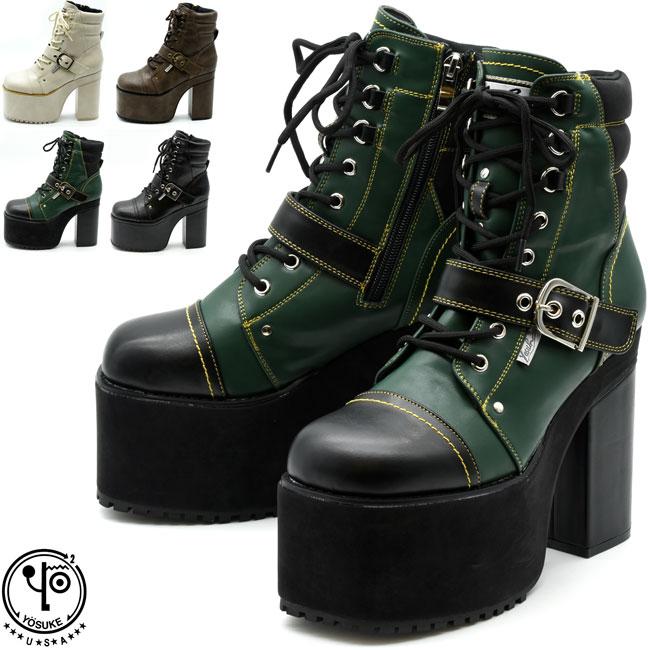 ヨースケ YOSUKE 厚底ブーツ レースアップブーツ ショートブーツ チャンキーヒール レディース 全4色 S-LL ブラック 黒 2820057 YOSUKE（ヨースケ） レースアップブーツ 厚底ブーツ ショートブーツ