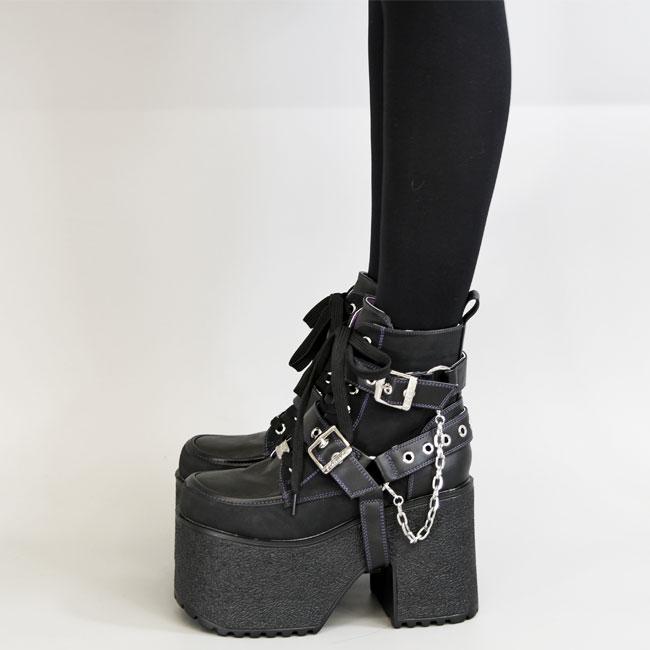 ヨースケ YOSUKE 厚底ブーツ レースアップブーツ ハイソール ゴスロリ リングベルト レディース ブラック 黒 白 4460118 YOSUKE（ヨースケ） ブーツ レディース ブラック 黒 白 厚底ブーツ
