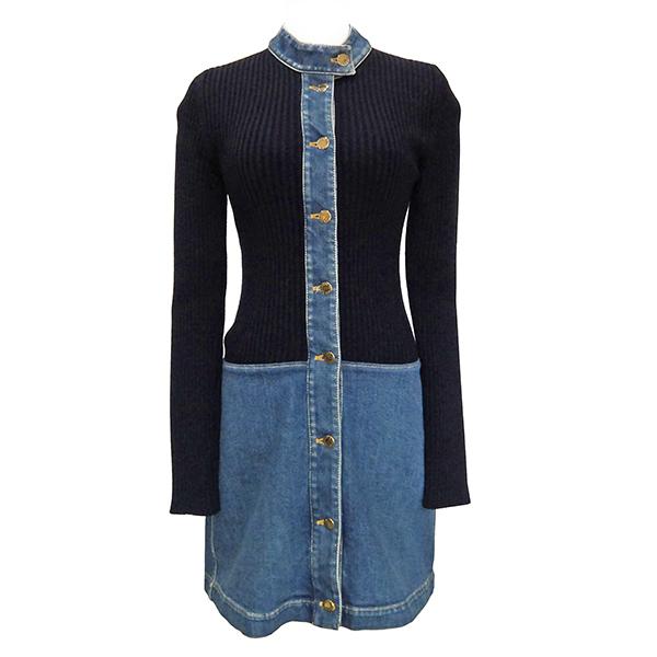 定番人気 ヴィトン ルイ 長袖ワンピース フロントボタンワンピース ニットコンビ デニム ワンピース ルイヴィトン 青 ひざ丈 ニット デニム ワンピース チュニック
