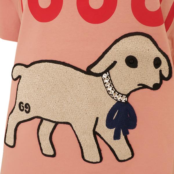 GUCCI グッチ 半袖Tシャツ ロゴプリント 犬モチーフ ピンク GUCCI グッチ 半袖Tシャツ ロゴプリント 犬モチーフ ピンク