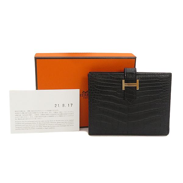 エルメス HERMES ベアンコンパクト 二つ折り財布 財布 アリゲーターマット アリゲーターマット Z刻印（2021年製造） レディース ブラック系 【中古】 HERMES（エルメス） 二つ折り財布 ベアンコンパクト クロコ ブラック