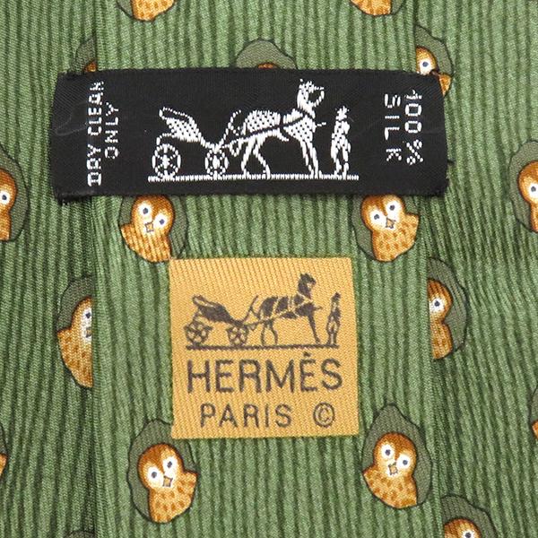 HERMES エルメス ネクタイ フクロウ 総柄 HERMES（エルメス） ネクタイ フクロウ 9cm シルク グリーン 緑