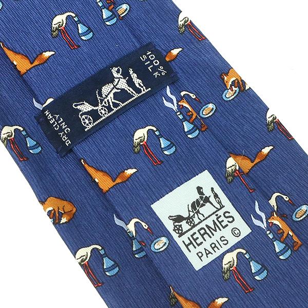 HERMES エルメス ネクタイ キツネ 9cm シルク ブルー 青 紺 狐 HERMES エルメス ネクタイ キツネ 9cm シルク ブルー 青 紺 狐