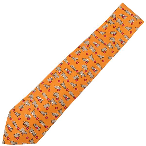 HERMES（エルメス） ネクタイ 犬とボール 9cm シルク オレンジ ドッグ