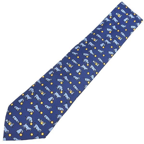 【新品 未使用級】HERMES エルメス ネクタイ アニマル ロゴ 犬 HERMES（エルメス） ネクタイ 犬とボール 9cm シルク ブルー 青 ドッグ