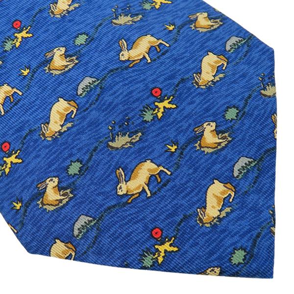 エルメス HERMES ネクタイ クラバット 9cm シルク ブルー 青 総柄 うさぎ 穴掘り【中古】 HERMES（エルメス） ネクタイ クラバット 9cm シルク ブルー ブルー 青