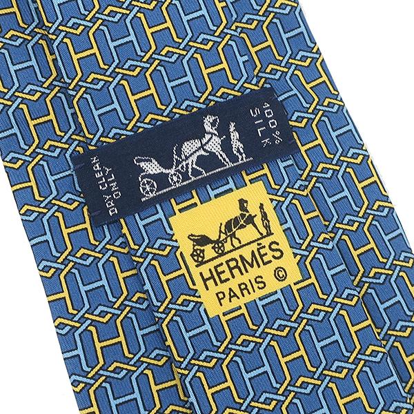 【美品✨】エルメス HERMES H柄 ロゴ 総柄 青 黄 メンズ ネクタイ HERMES エルメス ネクタイ H柄 9cm シルク ブルー 青 黄色 総柄