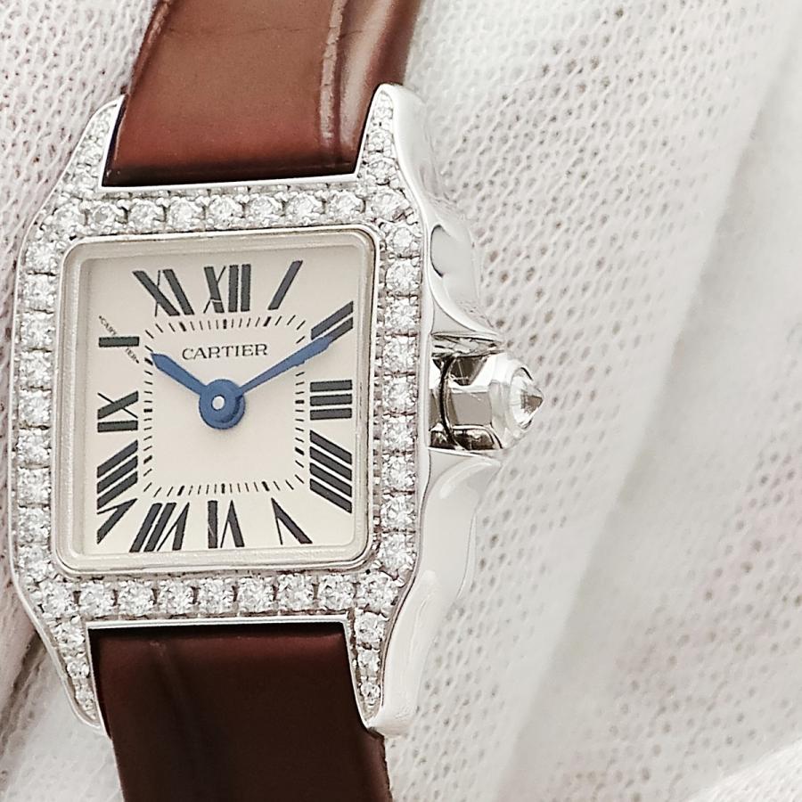 カルティエ Cartier 腕時計 サントス ミニ ドゥモワゼル WF902005 ダイヤベゼル スクエア ホワイト文字盤 ブラック アリゲーター レザーベルト K18WG クオーツアナログ 【中古】 SANTOS DE CARTIER 【3年保証】 カルティエ サントス ドゥモワゼル